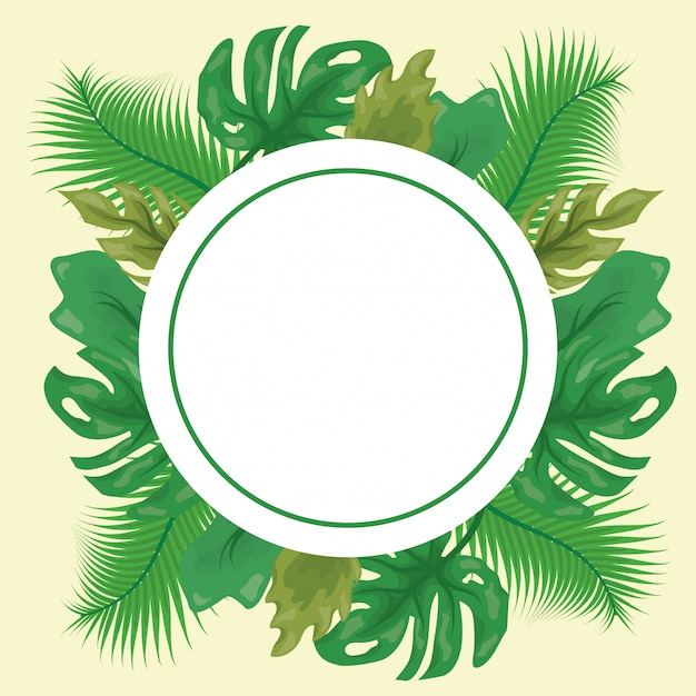Patrón de hojas tropicales verdes con etiqueta redonda