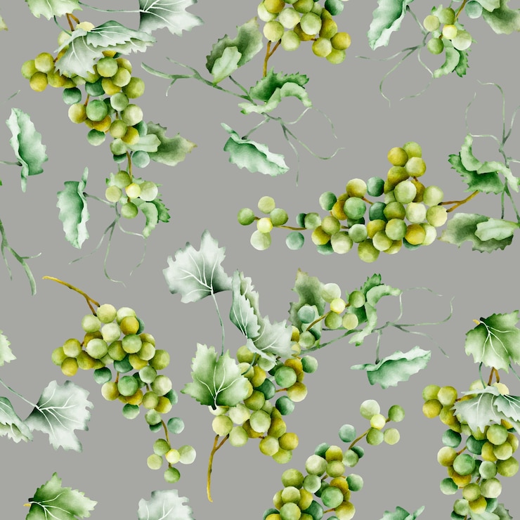 Un patrón impecable con uvas verdes y hojas sobre un fondo gris