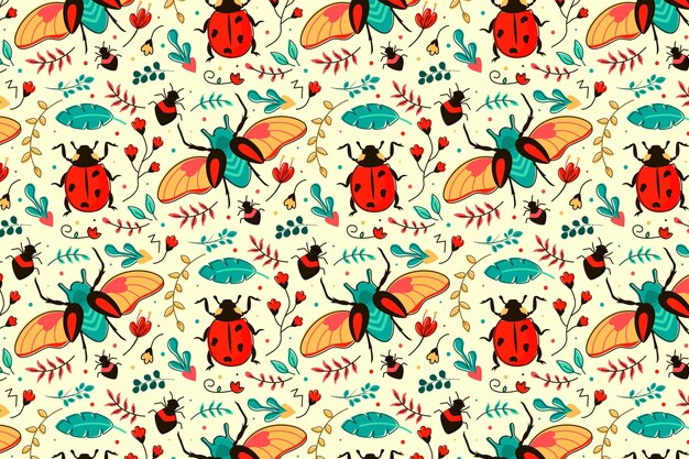 Patrón de insectos y flores.