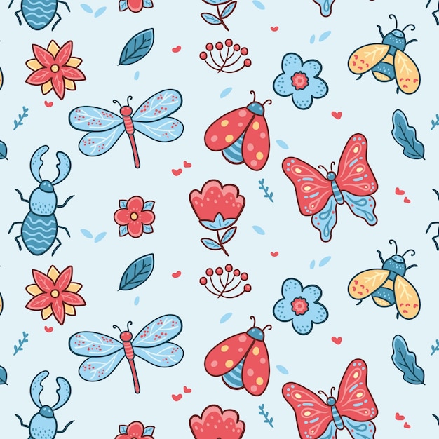 Patrón de insectos y flores.