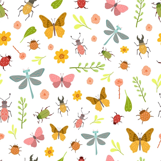 Patrón de insectos y flores.
