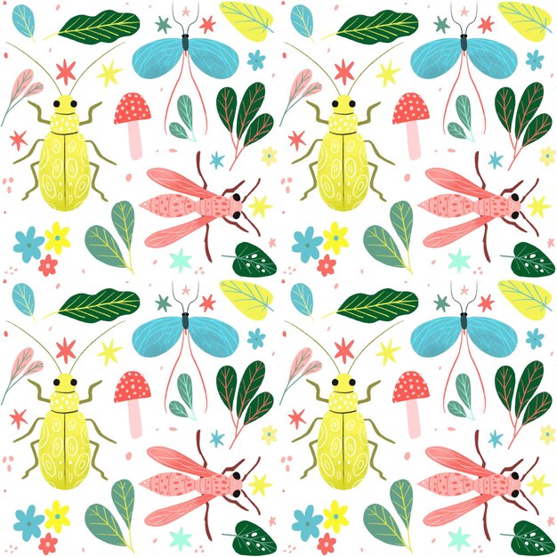 Patrón de insectos y flores.