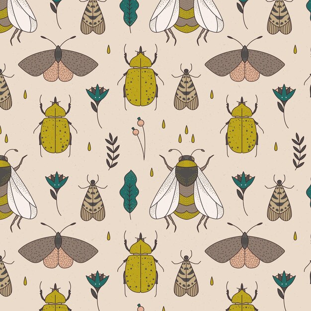 Patrón de insectos y flores.