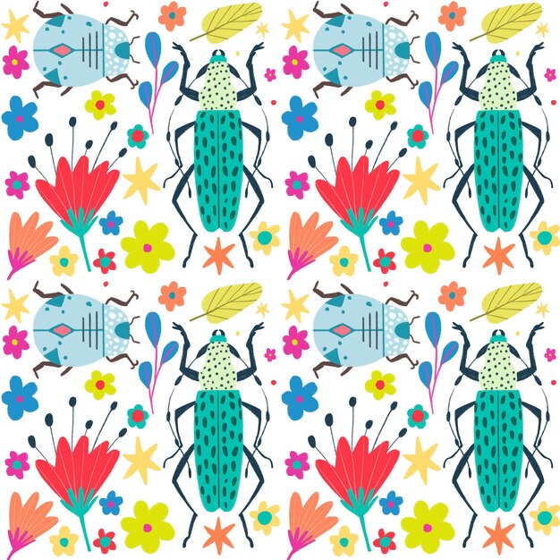 Patrón de insectos y flores.