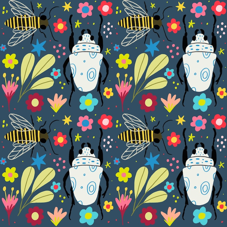 Vector gratuito patrón de insectos y flores.