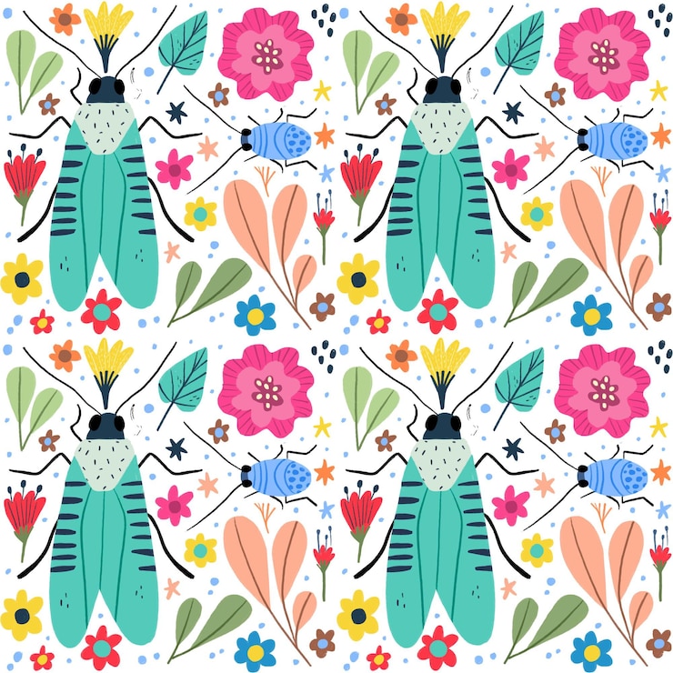 Vector gratuito patrón de insectos y flores.