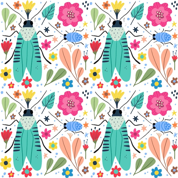 Patrón de insectos y flores.