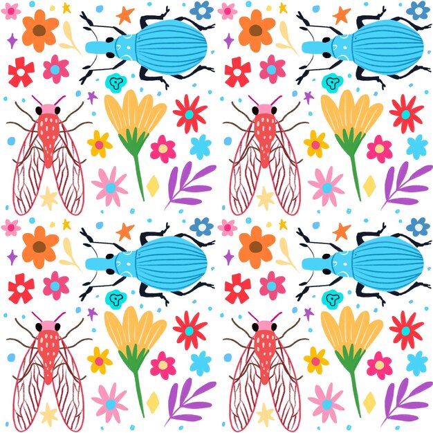 Patrón de insectos y flores.