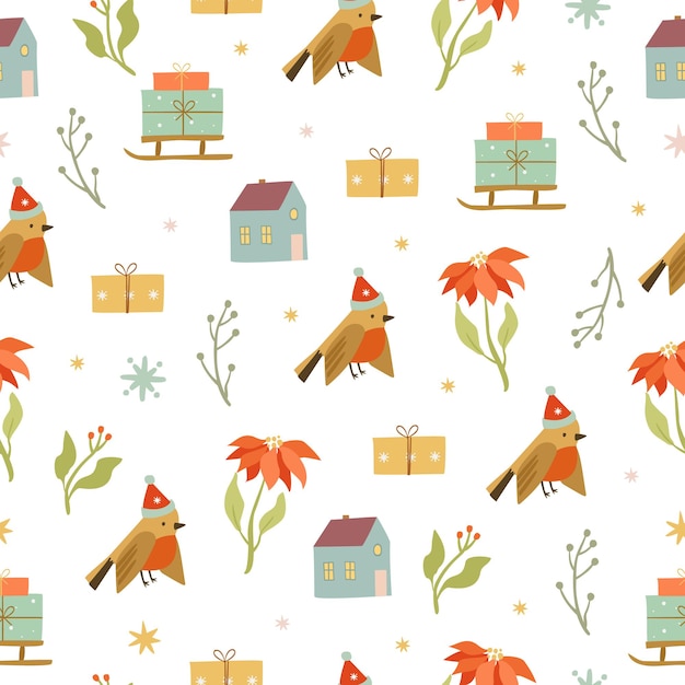 Vector gratuito patrón de invierno con aves camachuelo, flores, casas y paquetes