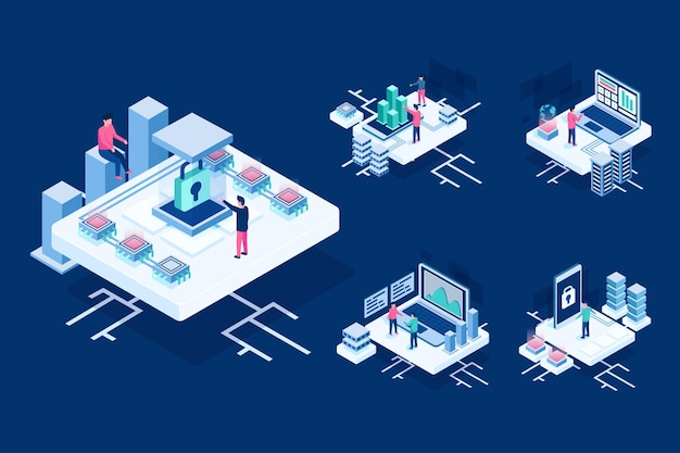 Patrón isométrico con datos de contraseña de seguridad y comunicación de tecnología o computadora, en personaje de dibujos animados, ilustración plana