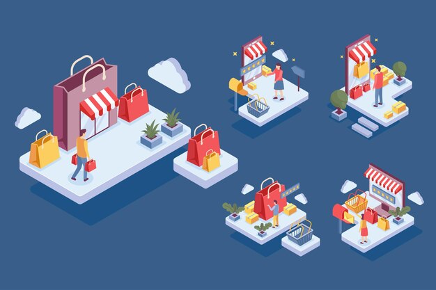 Patrón isométrico con personas comprando en línea en estilo de personaje de dibujos animados, ilustración plana