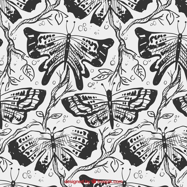 Patrón de mariposas y ramas dibujadas a mano 