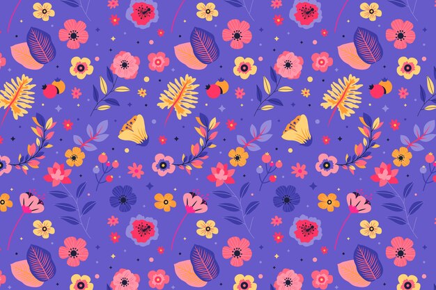 Patrón de motivo de flores de colores con fondo púrpura