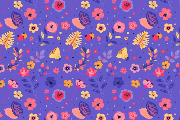 Patrón de motivo de flores de colores con fondo púrpura