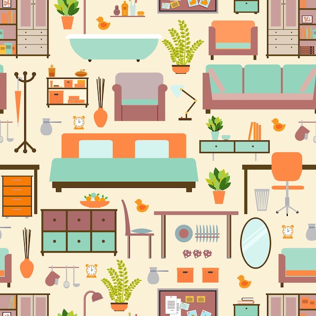 Patrón de muebles de casa sin costuras, hogar de fondo, decoración de objetos, sofá e interior.