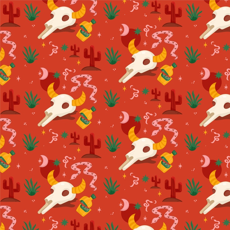 Vector gratuito patron occidental dibujado a mano con cactus