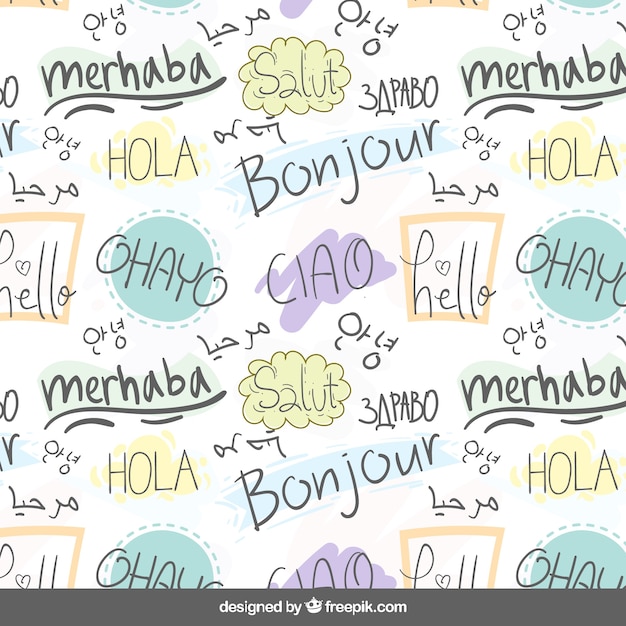 Patrón de palabra hola en distintos idiomas dibujado a mano