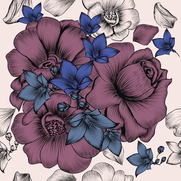 Vector gratuito patrón de papel tapiz floral con flores dibujadas a mano grabadas en estilo vintage