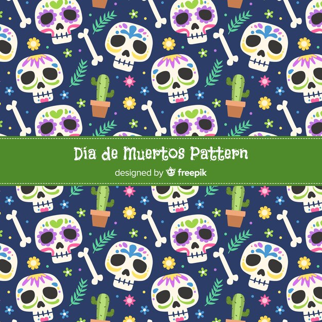 Patrón plano día de muertos en azul
