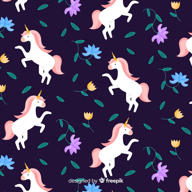 Patrón plano unicornios flotando con hojas