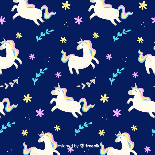 Patrón plano unicornios flotando con hojas