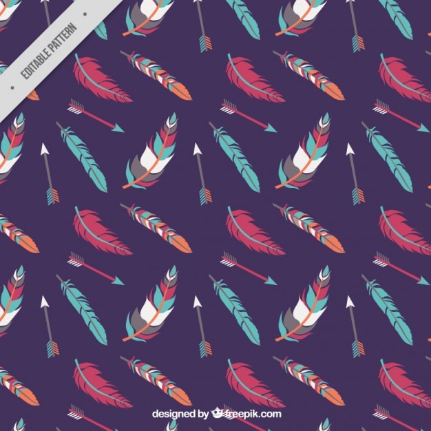 Patrón de plumas de colores y flechas dibujadas a mano