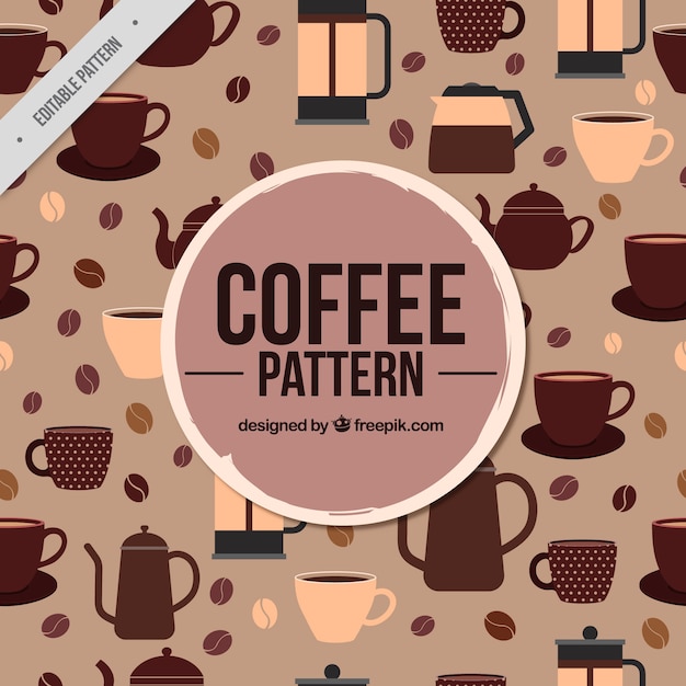 Patrón retro de cafetera y granos de café