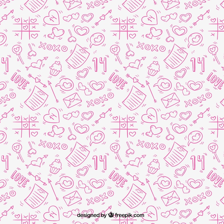 Vector gratuito patrón rosa con elementos de amor dibujados a mano