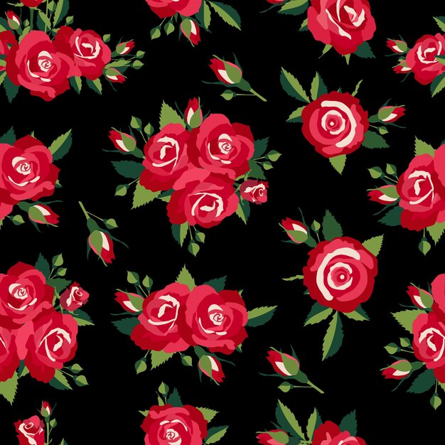 patrón de rosas sobre fondo negro ilustración vectorial