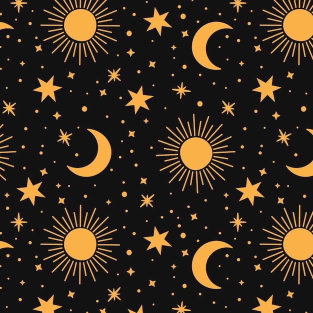 Vector gratuito patrón de sol, luna y estrellas de diseño plano