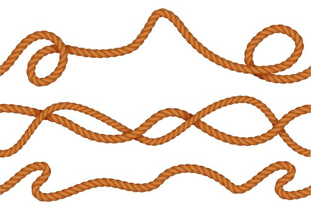 Patrón transparente realista compuesto de cuerdas de cáñamo o seda de yute curvo en la ilustración de vector de fondo blanco