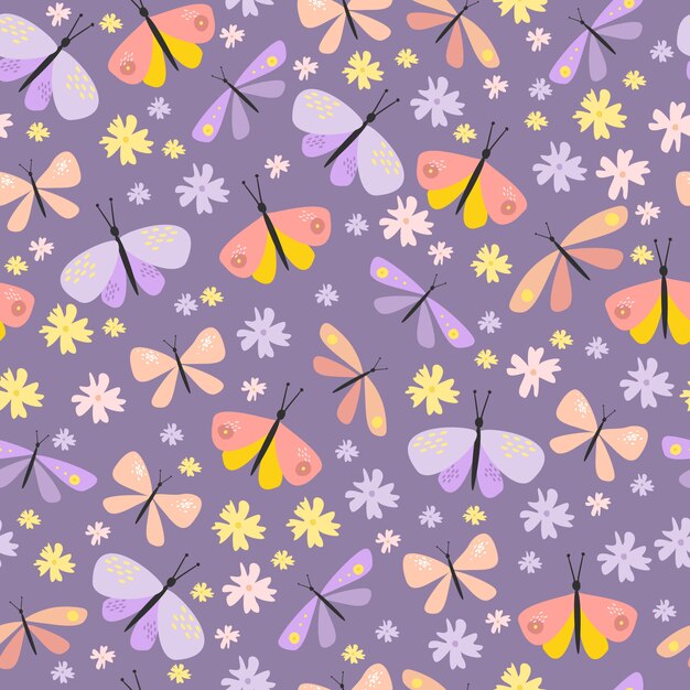 patrón transparente de vector con mariposas y escarabajos