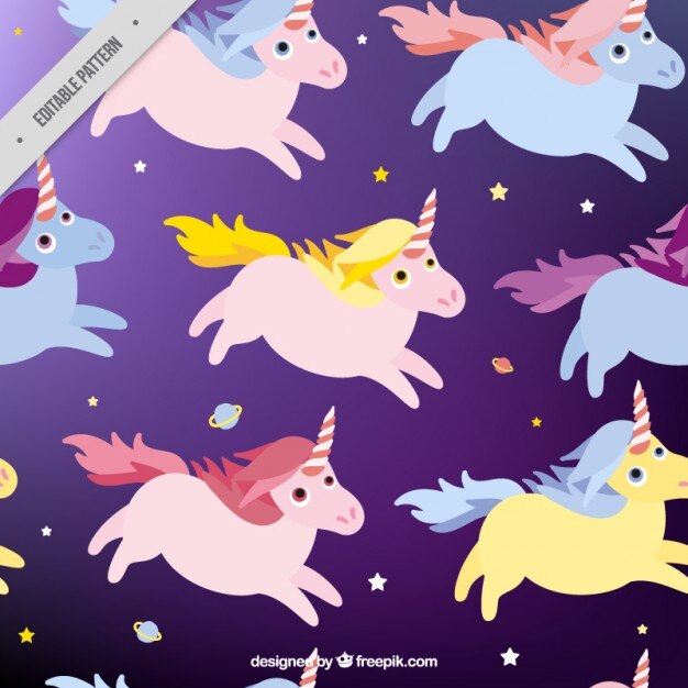 Patrón de unicornios dibujados a mano con planetas y estrellas