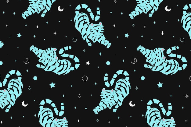 Patrón de vector lindo tigre en la ilustración del cielo nocturno
