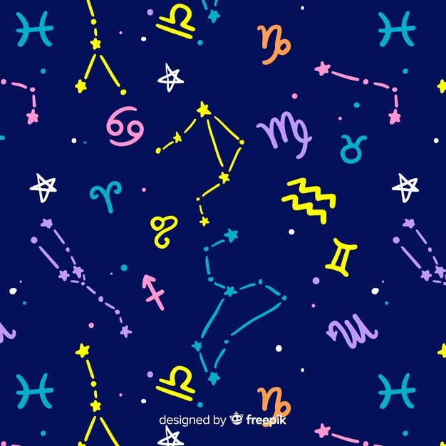 Patrón del zodiaco colorido dibujado a mano