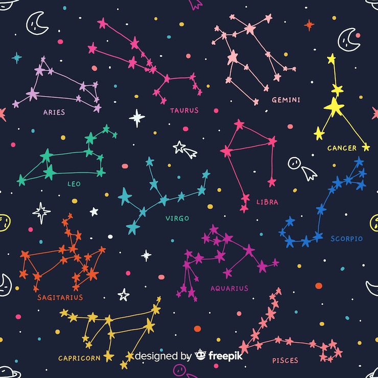 Vector gratuito patrón del zodiaco colorido dibujado a mano