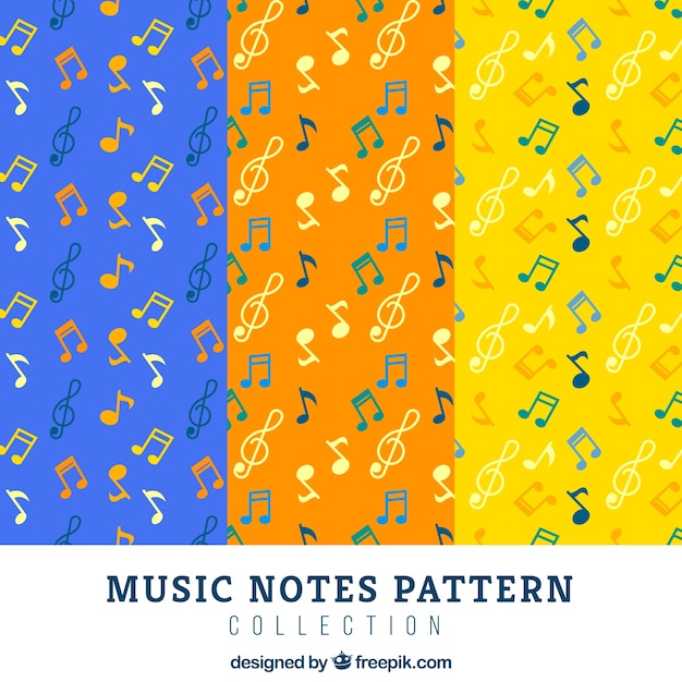 Patrones de colores fantásticos con notas musicales planas