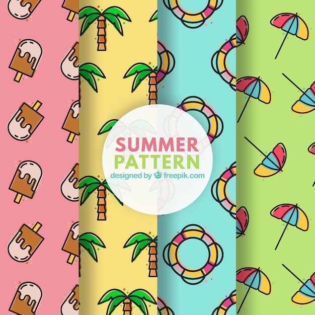 Patrones coloridos de elementos de verano en estilo lineal