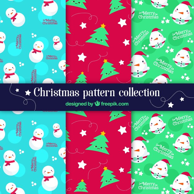 Patrones coloridos con muñecos de nieve y árboles de navidad