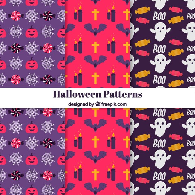 Patrones decorativos con elementos de halloween en diseño plano 