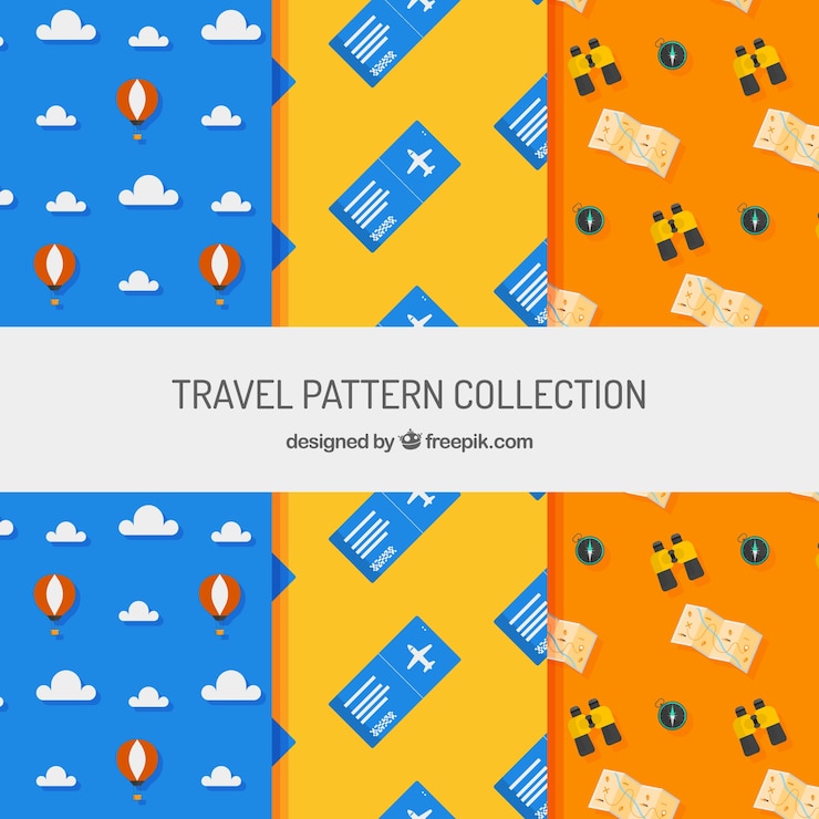 Vector gratuito patrones decorativos con elementos de viaje en diseño plano