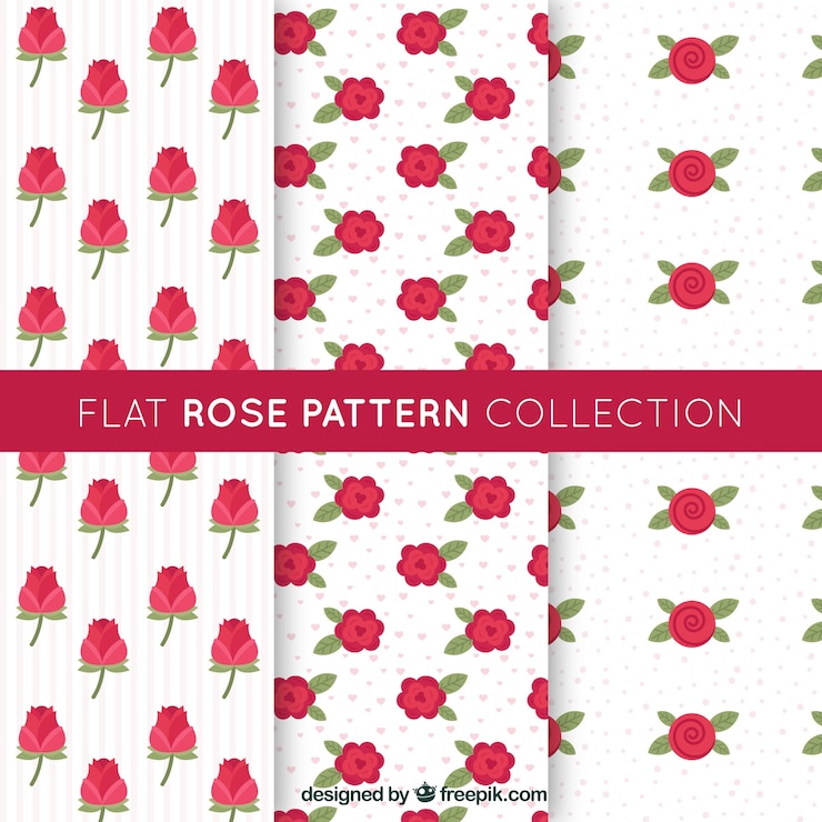 Vector gratuito patrones decorativos con rosas rojas en diseño plano