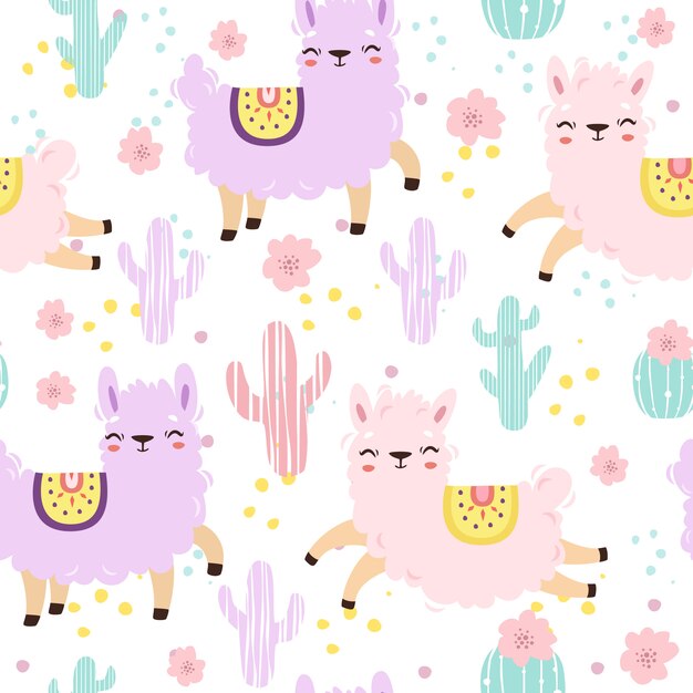 Patrones sin fisuras con alpacas en colores pastel. lindas llamas