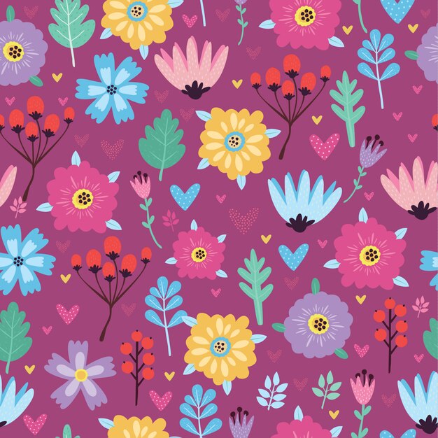 patrones sin fisuras con flores y bayas fondo lila