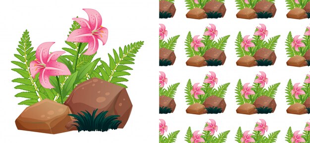 Patrones sin fisuras con flores de lirio rosa en piedras