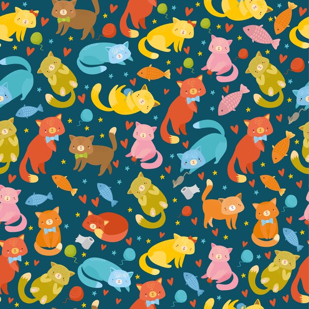 patrones sin fisuras con gatos multicolores sobre un fondo azul