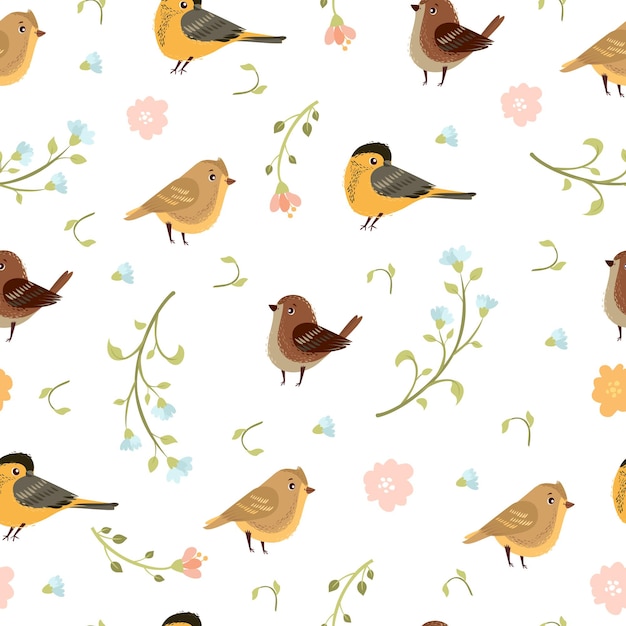 Vector gratuito patrones sin fisuras con lindos pájaros y flores