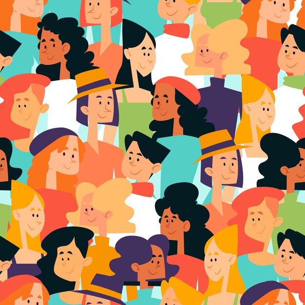 Patrones sin fisuras con rostros de mujeres en la multitud