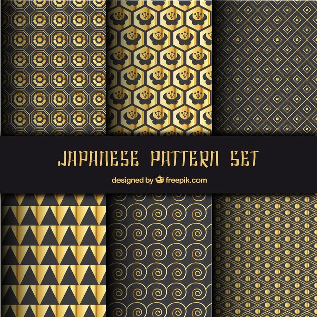 Patrones japoneses con formas abstractas doradas