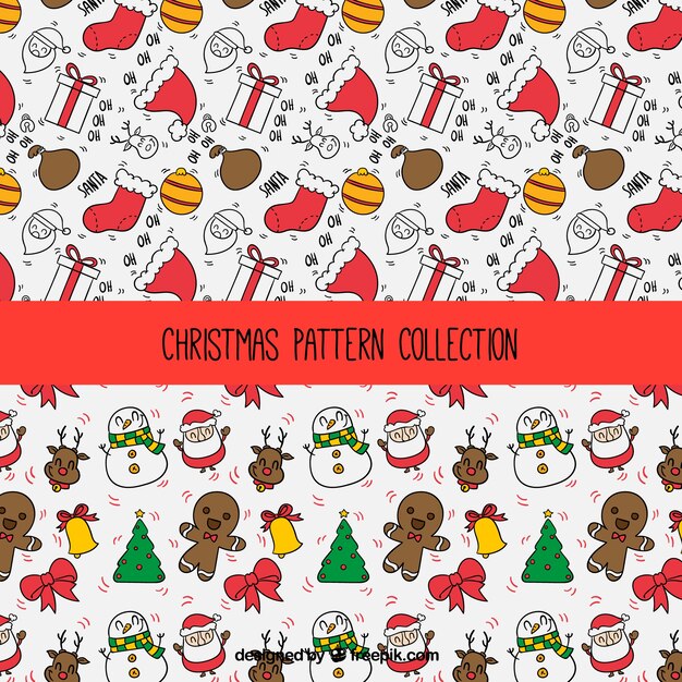 Patrones de navidad con simpáticos personajes dibujados a mano y elementos